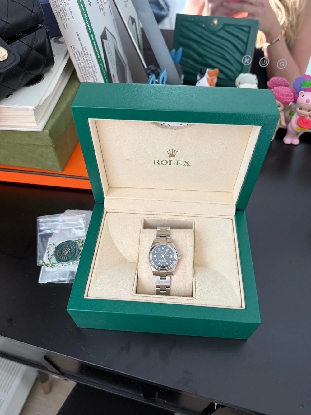 Rolex Oyster Perpetual Date Watch with Green Box and Booklets